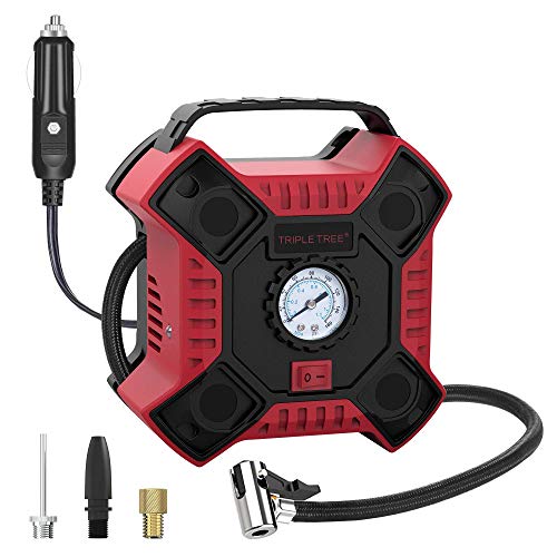 TRIPLE TREE Compresor Aire Coche 12V, Compresor Aire Portatil 11L/Min con Manómetro Analógico, 4 Boquillas más y Lámpara LED para Automóvil, Motocicleta, Bicicleta, Baloncesto, Globo, etc - Rojo