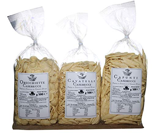Tris Pasta de Puglia. Capunti Caserecci | Cavatelli Caserecci | Orecchiette Caserecce | Pasta de sémola de trigo duro casera en envases de 500 gr. PRODUCTO ITALIANO TÍPICO