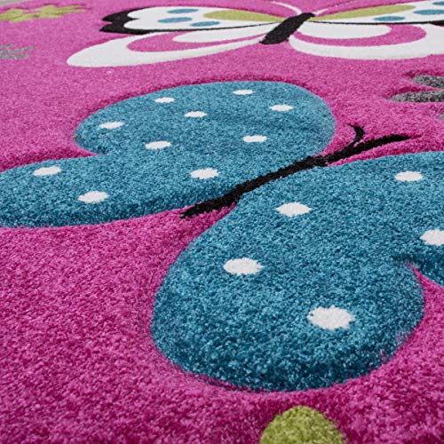 TT Home - Alfombra infantil, diseño de mariposas, color fucsia y gris, polipropileno, Rosa., 140 x 200 cm