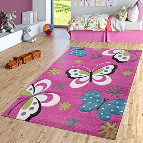 TT Home - Alfombra infantil, diseño de mariposas, color fucsia y gris, polipropileno, Rosa., 140 x 200 cm