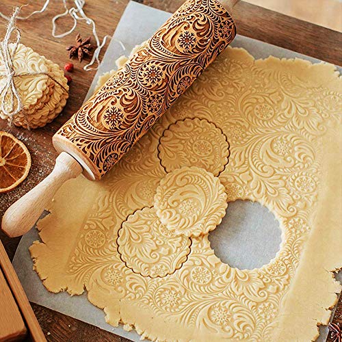 TTCOTOKE Rodillo Amasar, Madera Rodillo de Cocina con Relieve de Copo de Nieve Rodillo de Amasar de Navidad, El Mejor para Fondant, Pastas para Tartas y Pay, Galletas y Masa para Pasteles