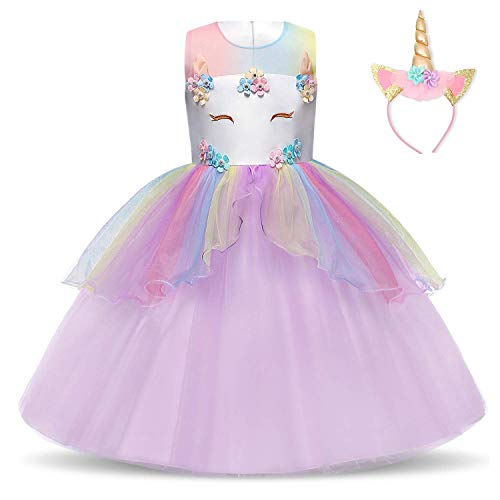 TTYAOVO Chicas Estrella Unicornio Fancy Vestido Princesa Flor Desfile de Niños Vestidos sin Mangas Volantes Vestido de Fiesta Talla 7-8 Años Púrpura