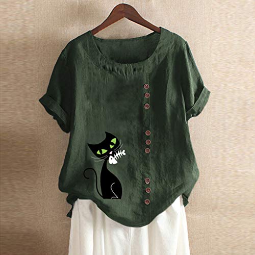 TUDUZ Blusas Mujer Manga Corta Verano Lino Camisas O-Cuello Botón Tops Tamaño S-5XL (Verde.f, S)