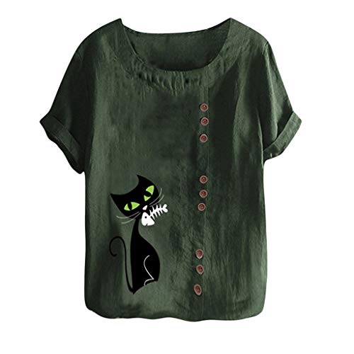 TUDUZ Blusas Mujer Manga Corta Verano Lino Camisas O-Cuello Botón Tops Tamaño S-5XL (Verde.f, S)