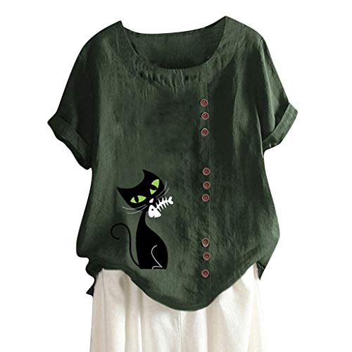 TUDUZ Blusas Mujer Manga Corta Verano Lino Camisas O-Cuello Botón Tops Tamaño S-5XL (Verde.f, S)