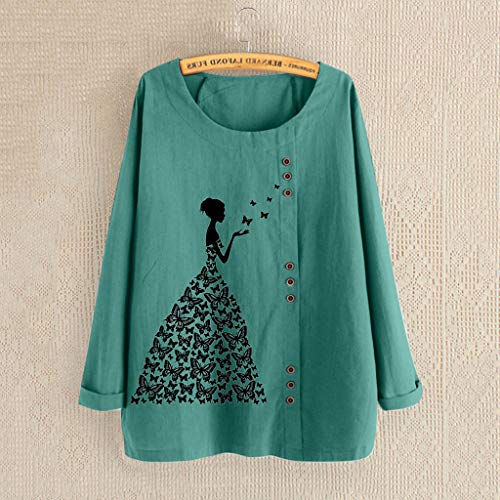 TUDUZ Blusas Mujer Manga Larga Camisas Botón Camisetas Impresión Tops Suelto Talla Extra M-5XL (Verde.h, M)