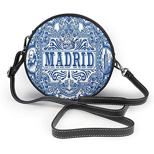 TURFED Bolso de hombro redondo de PU Caligrafía española linda de Madrid Estaño pintado tradicional Azulejo gráfico Azulejo Imprimir Bolso bandolera de cáscara de huevo azul marino