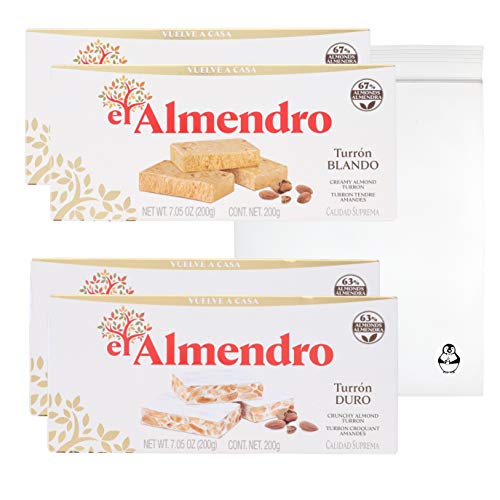 Turrón de almendro crujiente de El Almendro y Turrón Suave - Almendra cremosa Turron Blando y Duro con Almendras Calidad Suprema W/ Premium Pingüino Bolsa de Almacenamiento Rápido...