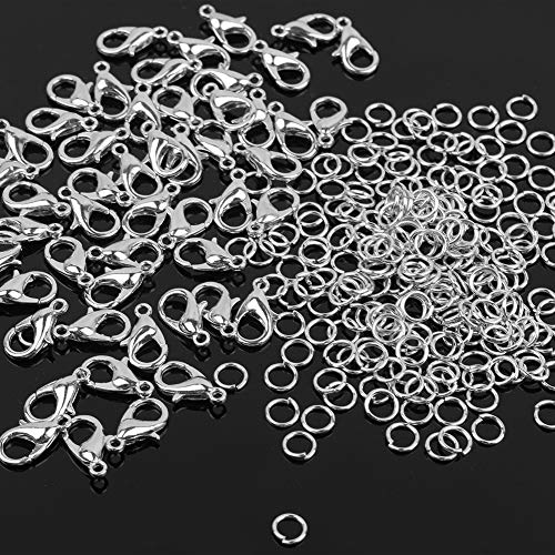 Ucatcher - 300 cierres curvados de garra de langosta y anillos abiertos de salto, joyería DIY hallazgos para gargantilla collares de pulsera, plata (7 x 12 mm, 5 mm)