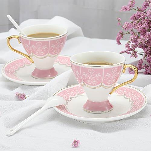 ufengke Juego de 6 Tazas de Café Espresso de Pequeña Capacidad, Taza de Café de Copa de Porcelana, Juego de Tazas de Té y Platillo de Cerámica con Flores, 100Ml - Rosado