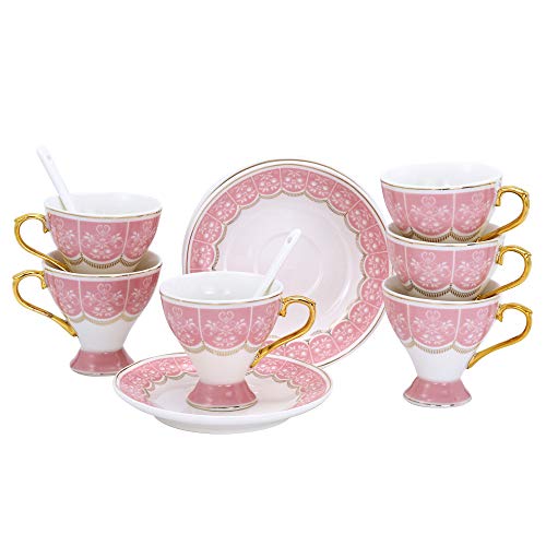 ufengke Juego de 6 Tazas de Café Espresso de Pequeña Capacidad, Taza de Café de Copa de Porcelana, Juego de Tazas de Té y Platillo de Cerámica con Flores, 100Ml - Rosado