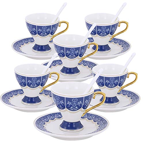 ufengke Juego de 6 Tazas de Café Espresso de Pequeña Capacidad, Taza de Café de Copa de Porcelana, Juego de Tazas de Té y Platillo de Cerámica con Flores, 100Ml - Azul