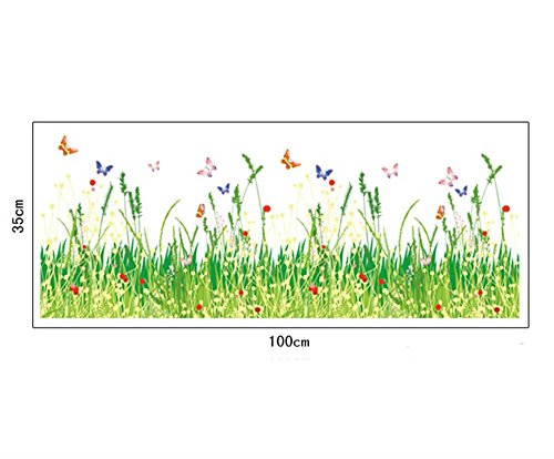 ufengke Pegatinas de Pared Prado de Hierba Verde con Flores Rojas y Mariposas Calcomanías de Pared de Vinilo de DIY Extraíble Mural Decorativo Multicolor para Sala de Estar, Dormitorio, Zócalo