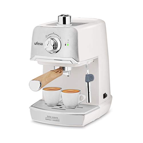 Ufesa CE7238 CREAM - Cafetera Espresso, para preparar Cappuccino e infusiones, Bomba a presión de 20 bares, Sistema tradicional con café molido, Monodosis, Portafiltro metálico, Bandeja calienta tazas