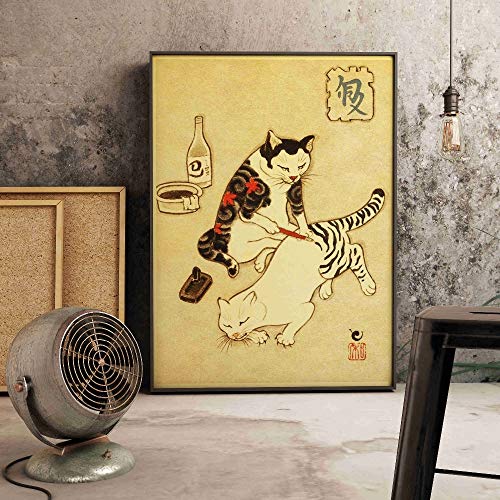 Ukiyokai japonés patrón de flores abstractas piel feliz gato de la suerte vida cepillo pelo cartel retro arte de la pared pintura en lienzo dormitorio sala de estar oficina decoración del hogar