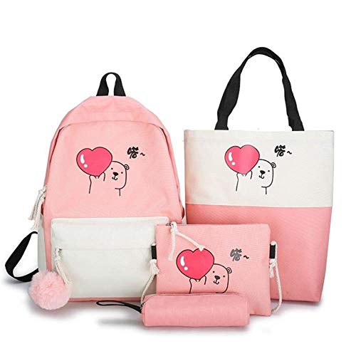 UKKD Bolsa para la Escuela 4Pcs / Niños Mochilas De Nylon Escuela Femenina Bandolera Bolsa De La Escuela Los Niños Bolsa De Corea Lindo para Las Niñas,A-Rosa