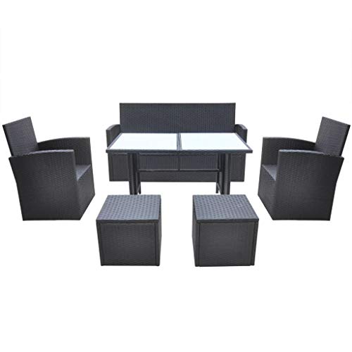 UnfadeMemory Set de Sofás de Jardín con Cojines 6 Pzas,Sofá de 3 Plazas+2 Sillones+Mesa+2 Taburetes,Muebles de Jardín Terraza Balcón o Patio,Ratán Sintético y Acero (Negro)