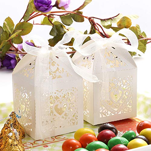 UNHO 25 Piezas Caja Papel para Boda Caja de Regalo para Caramelos Bombones Dulces Galletas Recuerdos Ideal para Boda Cumpleaños Fiesta Comunión Bautizo Color Marfil