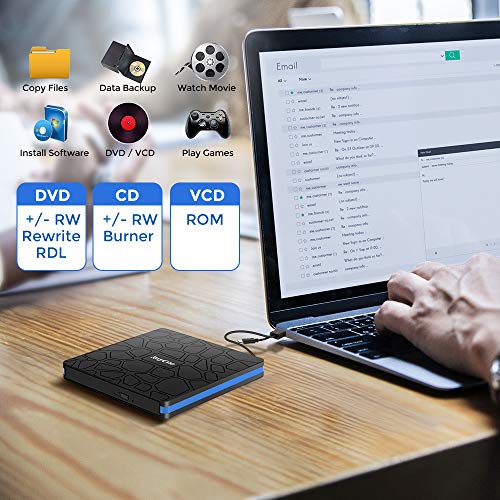 Unidad de CD DVD Externa, grabadora y Lector de CD-RW portátil con USB 3.0 y Tipo C,Alta Velocidad para computadora portátil, PC, Macbook Air/Pro, Mac OS, Windows 10/8/7 / XP y Linux (Balck)