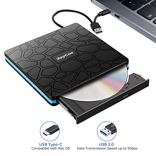 Unidad de CD DVD Externa, grabadora y Lector de CD-RW portátil con USB 3.0 y Tipo C,Alta Velocidad para computadora portátil, PC, Macbook Air/Pro, Mac OS, Windows 10/8/7 / XP y Linux (Balck)