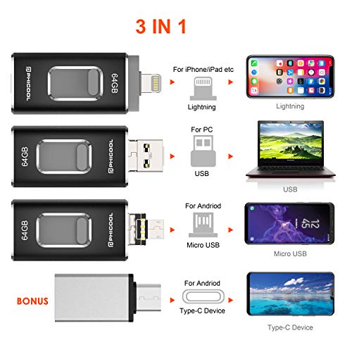 Unidad Memoria Flash USB 3.0 64 GB Memoria Lápiz Drive OTG PHICOOL [4 en 1] con Type C Conector USB Mirco Expansión de Memoria para iPhone, iPad, Android, PC - Negro