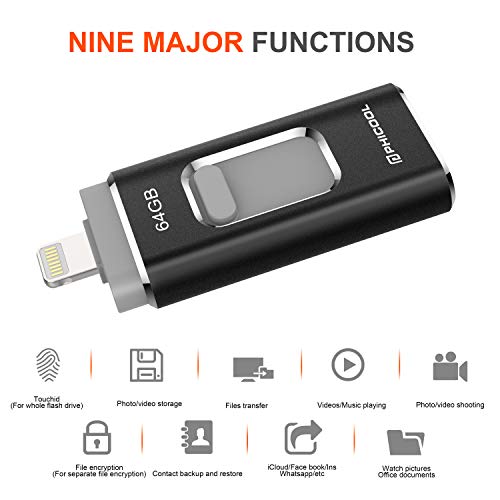 Unidad Memoria Flash USB 3.0 64 GB Memoria Lápiz Drive OTG PHICOOL [4 en 1] con Type C Conector USB Mirco Expansión de Memoria para iPhone, iPad, Android, PC - Negro