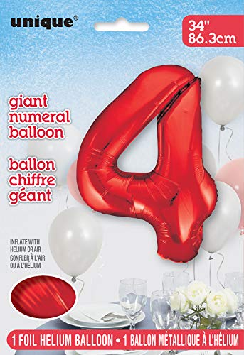 Unique Party- Globo gigante número 4, Color rojo, 86 cm (55854) , color/modelo surtido