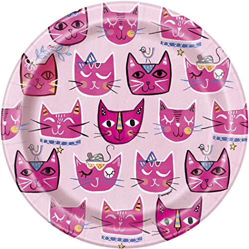 Unique Party - Platos de Papel - 18 cm - Diseño de Fiesta de Gato Rosa - Paquete de 8 (73244)