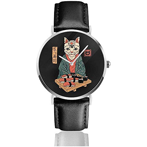 Unisex Business Casual Neko Sushi Bar Cat Relojes Reloj de Cuero de Cuarzo