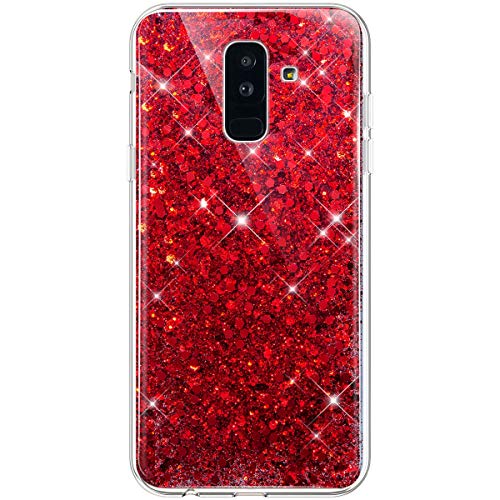 Uposao Compatible con Samsung Galaxy A6 Plus 2018 Funda Silicona Transparente,Purpurina Carcasa Bling Glitter Brillante Brillo Paillettes Funda de Protectores,Fina TPU Suave Flexible Funda Caja,Roja