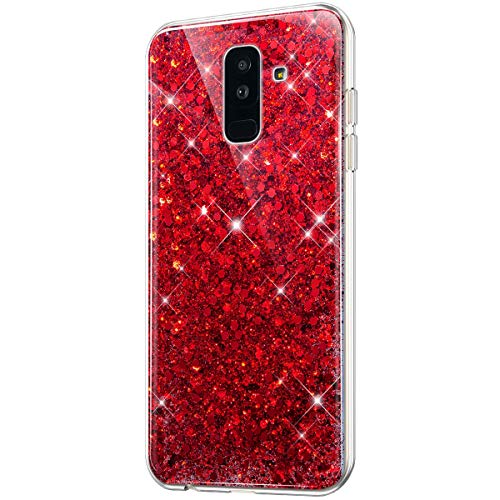 Uposao Compatible con Samsung Galaxy A6 Plus 2018 Funda Silicona Transparente,Purpurina Carcasa Bling Glitter Brillante Brillo Paillettes Funda de Protectores,Fina TPU Suave Flexible Funda Caja,Roja