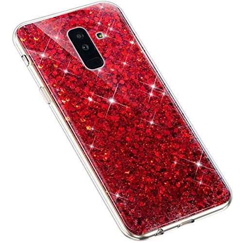 Uposao Compatible con Samsung Galaxy A6 Plus 2018 Funda Silicona Transparente,Purpurina Carcasa Bling Glitter Brillante Brillo Paillettes Funda de Protectores,Fina TPU Suave Flexible Funda Caja,Roja