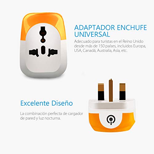 UPPEL Adaptador de Viaje para UK, Luz Nocturna Infanti Enchufe con Luz Sensor, 13A/5W/3 Colores Adaptador Enchfue para Niños, Habitación Bebé, Dormitorio, Sala, Garaje, Baño, Pasillos, Cocina (Blanco