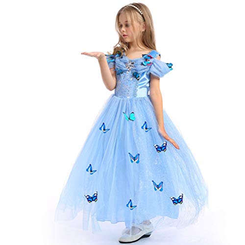 URAQT Princesa Traje del Vestido, Traje de Princesa Azul con Mariposas Vestido Infantil Disfraz de Princesa de Niñas para Fiesta Carnaval Cumpleaños Cosplay Halloween (110)