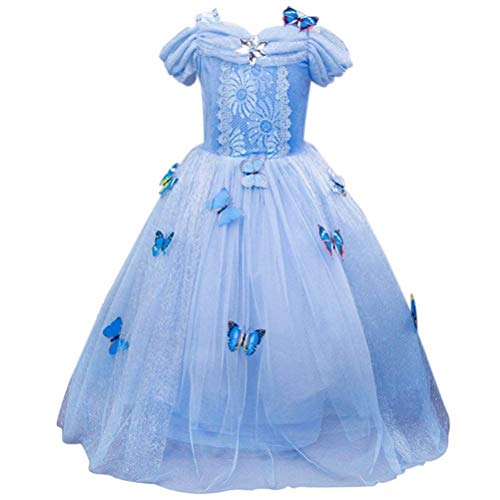 URAQT Princesa Traje del Vestido, Traje de Princesa Azul con Mariposas Vestido Infantil Disfraz de Princesa de Niñas para Fiesta Carnaval Cumpleaños Cosplay Halloween (110)