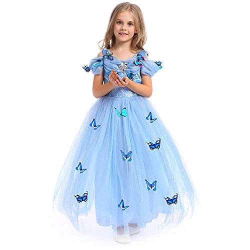 URAQT Princesa Traje del Vestido, Traje de Princesa Azul con Mariposas Vestido Infantil Disfraz de Princesa de Niñas para Fiesta Carnaval Cumpleaños Cosplay Halloween (110)