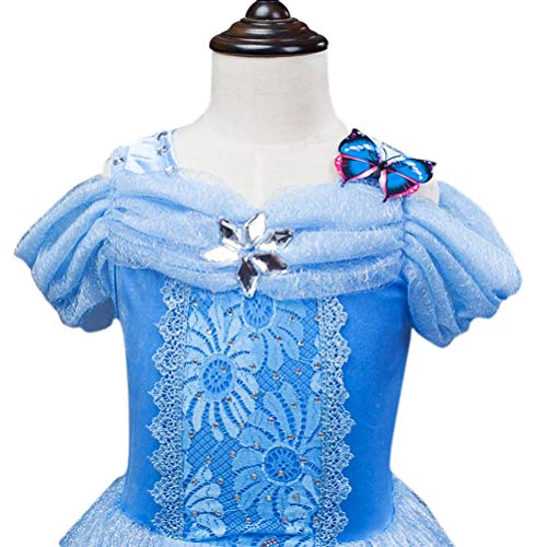 URAQT Princesa Traje del Vestido, Traje de Princesa Azul con Mariposas Vestido Infantil Disfraz de Princesa de Niñas para Fiesta Carnaval Cumpleaños Cosplay Halloween (110)