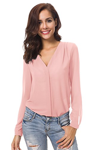 Urban GoCo Blusa de Gasa con Escote en V Mangas Largas y el Dobladillo en el Hombro para Mujeres (M, Rosa)