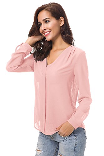 Urban GoCo Blusa de Gasa con Escote en V Mangas Largas y el Dobladillo en el Hombro para Mujeres (M, Rosa)