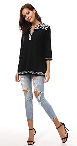 Urban GoCo Mujer Camisas Manga 3/4 Boho Blusa Bordado T-Shirt Tops (Medium, Negro)