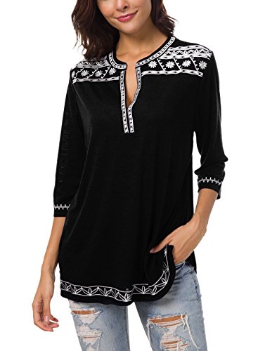 Urban GoCo Mujer Camisas Manga 3/4 Boho Blusa Bordado T-Shirt Tops (Medium, Negro)