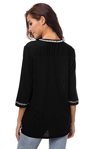 Urban GoCo Mujer Camisas Manga 3/4 Boho Blusa Bordado T-Shirt Tops (Medium, Negro)