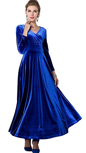 Urban GoCo Mujeres Vestidos Terciopelo Largo Elegante V-Cuello Manga Larga Maxi Vestidos para Cóctel Fiesta (S, Azul Real)