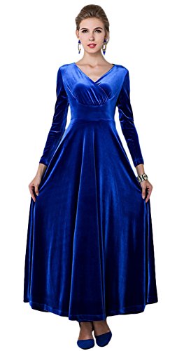 Urban GoCo Mujeres Vestidos Terciopelo Largo Elegante V-Cuello Manga Larga Maxi Vestidos para Cóctel Fiesta (S, Azul Real)