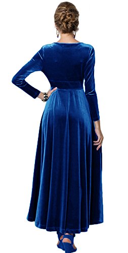 Urban GoCo Mujeres Vestidos Terciopelo Largo Elegante V-Cuello Manga Larga Maxi Vestidos para Cóctel Fiesta (S, Azul Real)