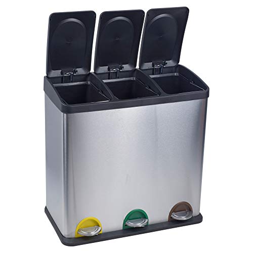 URBNLIVING Contenedores de Basura de Reciclaje de Acero Inoxidable de 40 a 60 l con 2 o 3 Compartimentos, 3 Compartments