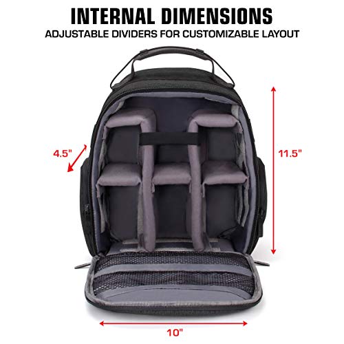 USA GEAR Mochila para Cámara Portátil para DSLR (Negra) con Divisores de Accesorios Personalizables, Fondo Resistente a la Intemperie y Respaldo Cómodo - Compatible con Canon, Nikon, Sony y más SLR