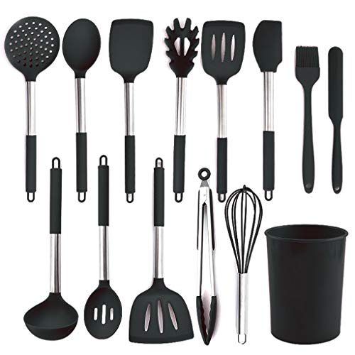 Utensilios de cocina de silicona, 13 piezas de utensilios de cocina, juego de espátulas de silicona antiadherentes resistentes al calor, utensilios de cocina con mango de acero inoxidable (Negro)