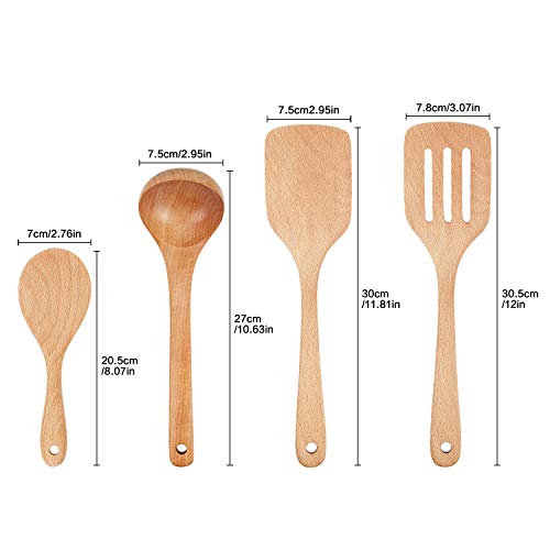 Utensilios De Cocina Madera 4 Piezas para Cocinar Cucharas De Madera y Cubiertos Espátulas Ideal para sartenes, Utensilios De Cocina y Wok