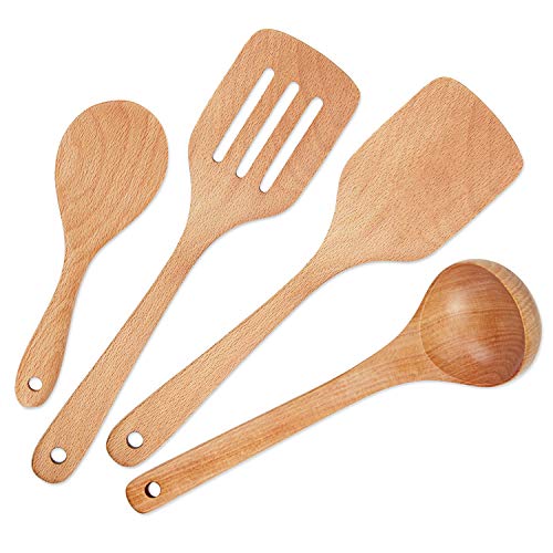 Utensilios De Cocina Madera 4 Piezas para Cocinar Cucharas De Madera y Cubiertos Espátulas Ideal para sartenes, Utensilios De Cocina y Wok